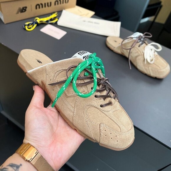 Miu Miu Tan Mules with Green and White Laces - Picture 1 of 8